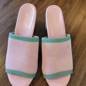 Vionic Fleur Women's SZ 8.5 Mule Slide Block Heel Sandals Pink Stretch Comfort